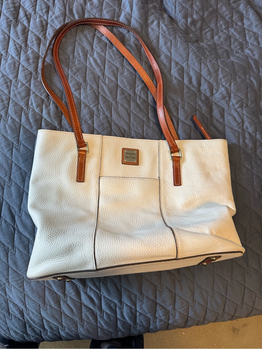 Dooney & Bourke Cream Pebbled Leather Tote with Brown Straps